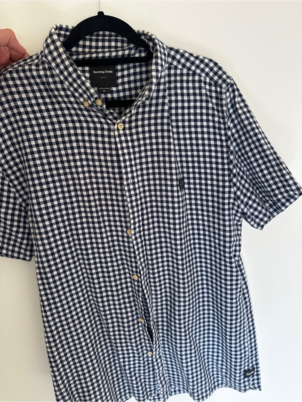 Barney Cools Navy and White Gingham Short-Sleeve Button-Down Shirt